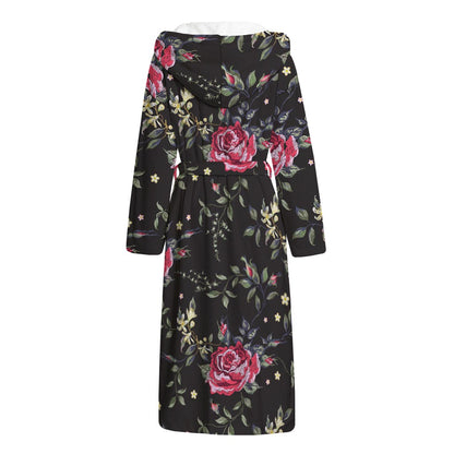 Red Rose Floral Pattern Print Hooded Bathrobe