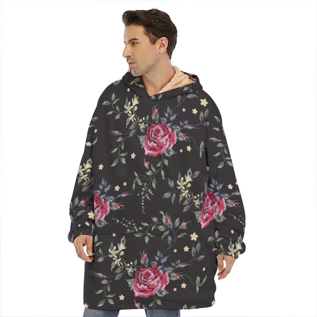 Red Rose Floral Pattern Print Hoodie Blanket