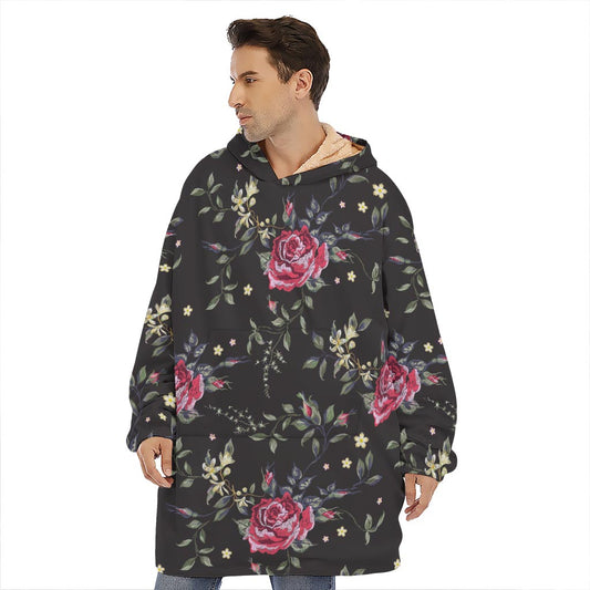 Red Rose Floral Pattern Print Hoodie Blanket