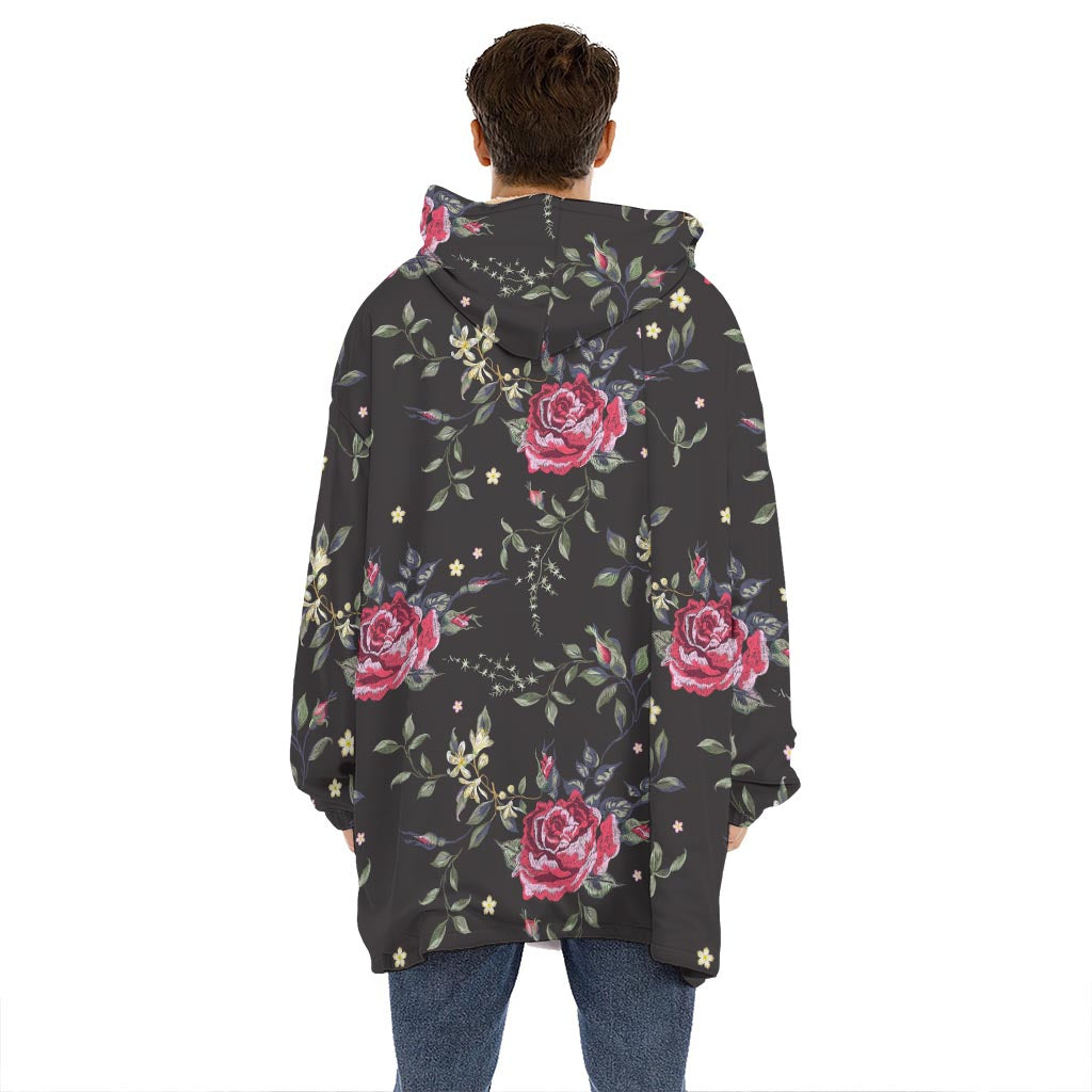 Red Rose Floral Pattern Print Hoodie Blanket