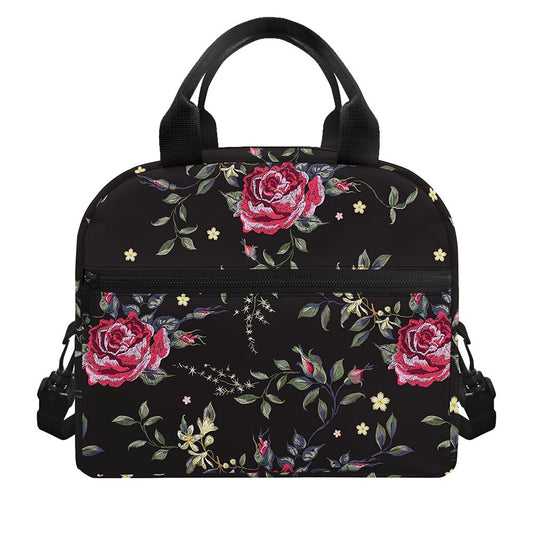 Red Rose Floral Pattern Print Insulated Lunch Bag