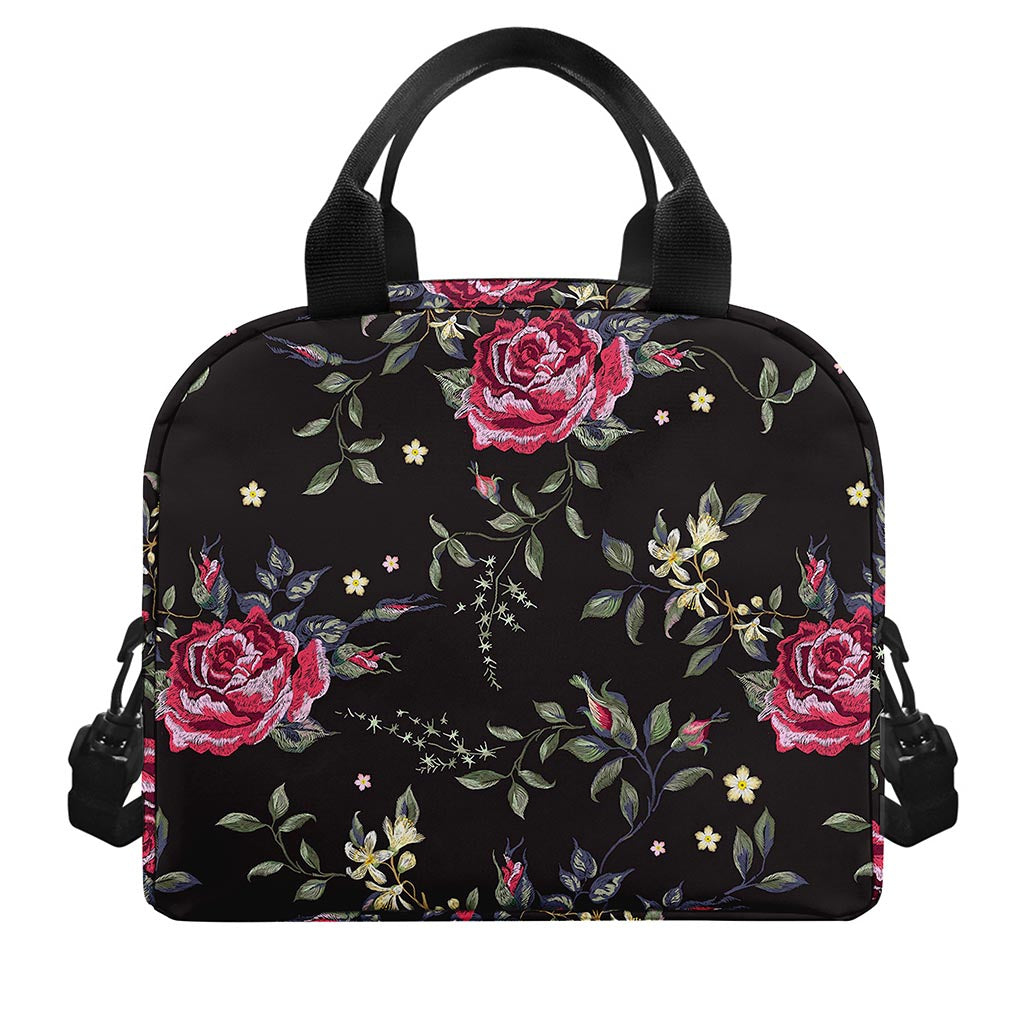 Red Rose Floral Pattern Print Insulated Lunch Bag