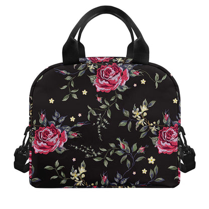Red Rose Floral Pattern Print Insulated Lunch Bag
