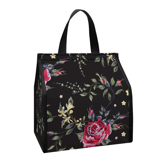 Red Rose Floral Pattern Print Insulated Lunch Tote