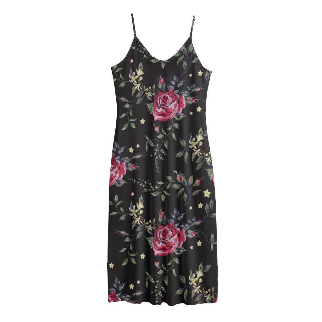 Red Rose Floral Pattern Print Jersey Midi Cami Dress