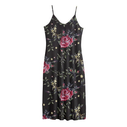 Red Rose Floral Pattern Print Jersey Midi Cami Dress