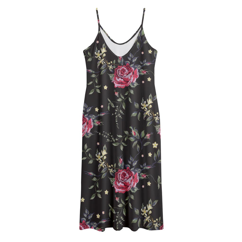 Red Rose Floral Pattern Print Jersey Midi Cami Dress