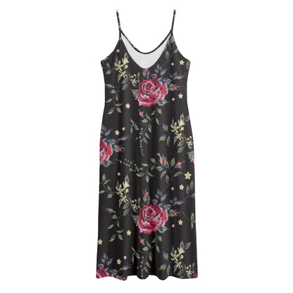 Red Rose Floral Pattern Print Jersey Midi Cami Dress