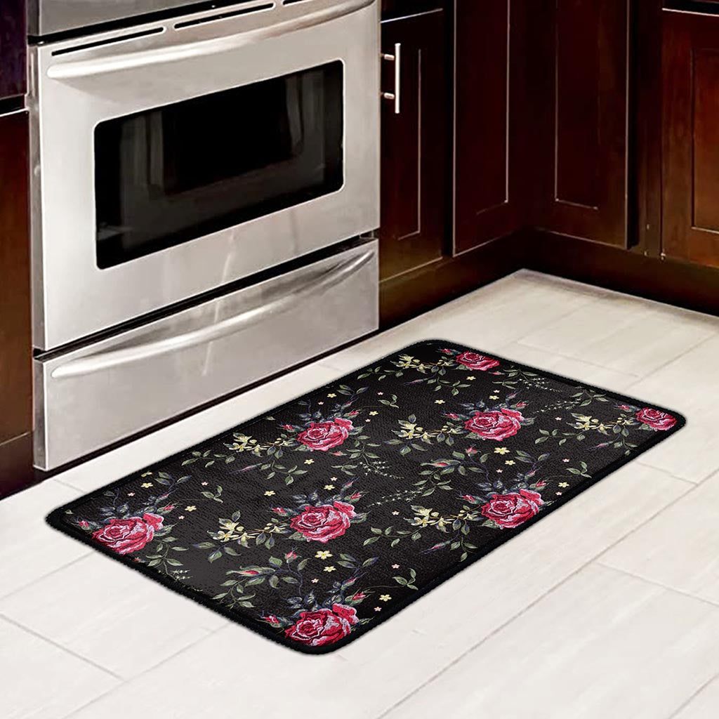 Red Rose Floral Pattern Print Kitchen Mat