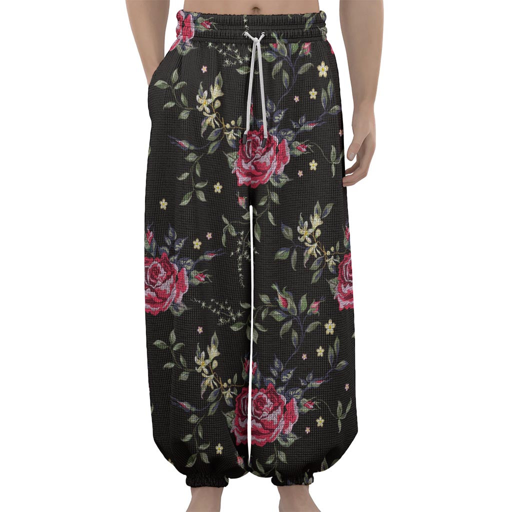 Red Rose Floral Pattern Print Lantern Pants