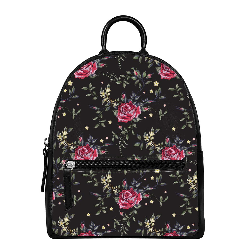 Red Rose Floral Pattern Print Leather Backpack