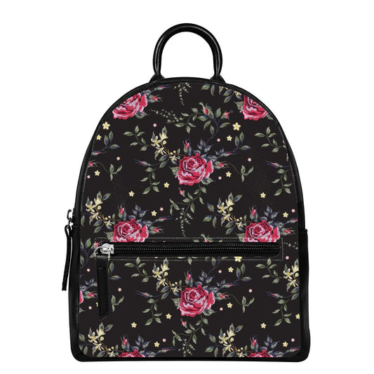 Red Rose Floral Pattern Print Leather Backpack