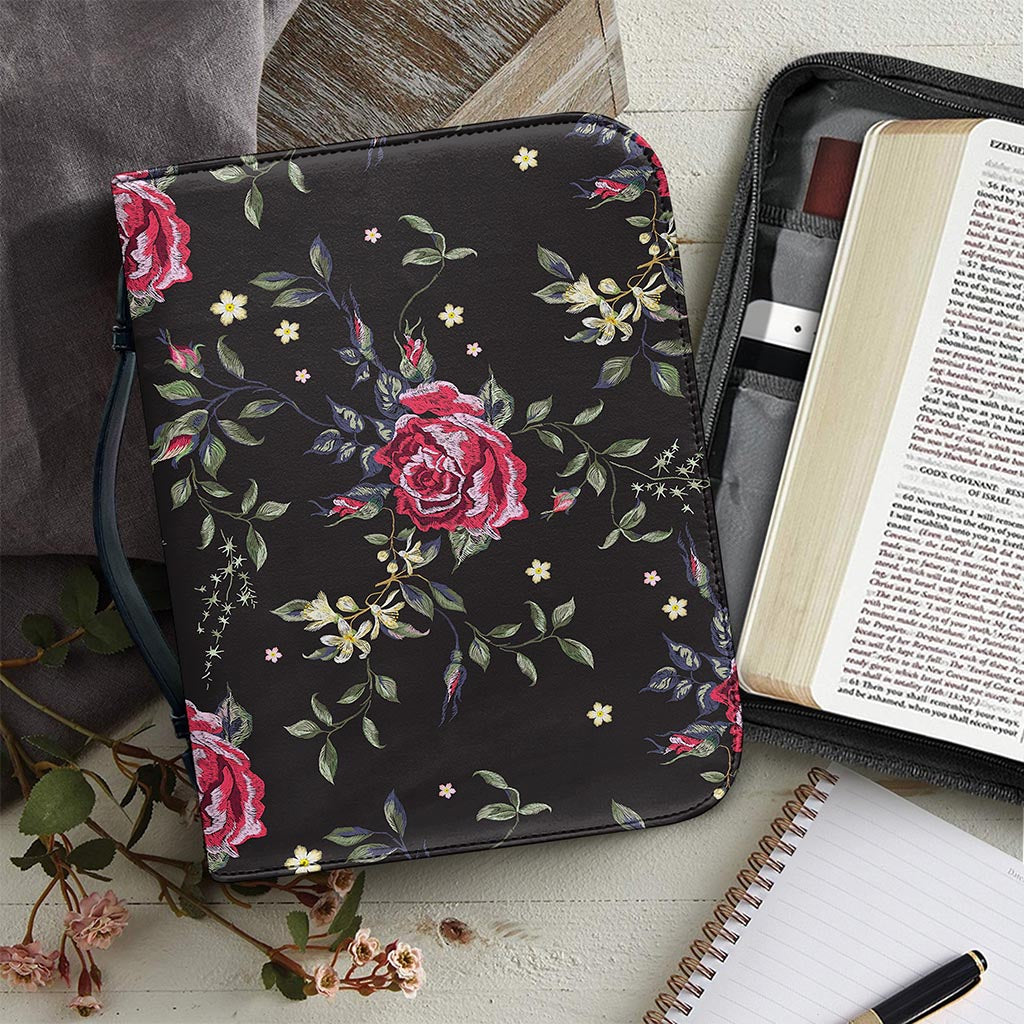 Red Rose Floral Pattern Print Leather Bible Cover