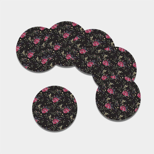 Red Rose Floral Pattern Print Leather Coaster Set
