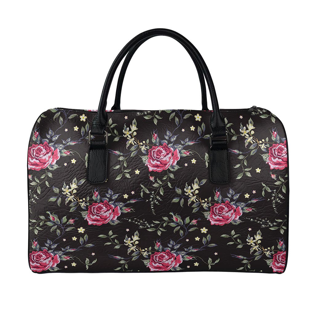 Red Rose Floral Pattern Print Leather Duffle Bag