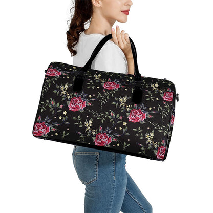 Red Rose Floral Pattern Print Leather Duffle Bag