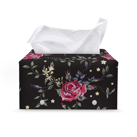 Red Rose Floral Pattern Print Leather Tissue Box Cover