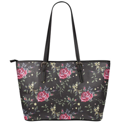 Red Rose Floral Pattern Print Leather Tote Bag