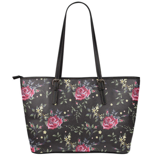 Red Rose Floral Pattern Print Leather Tote Bag