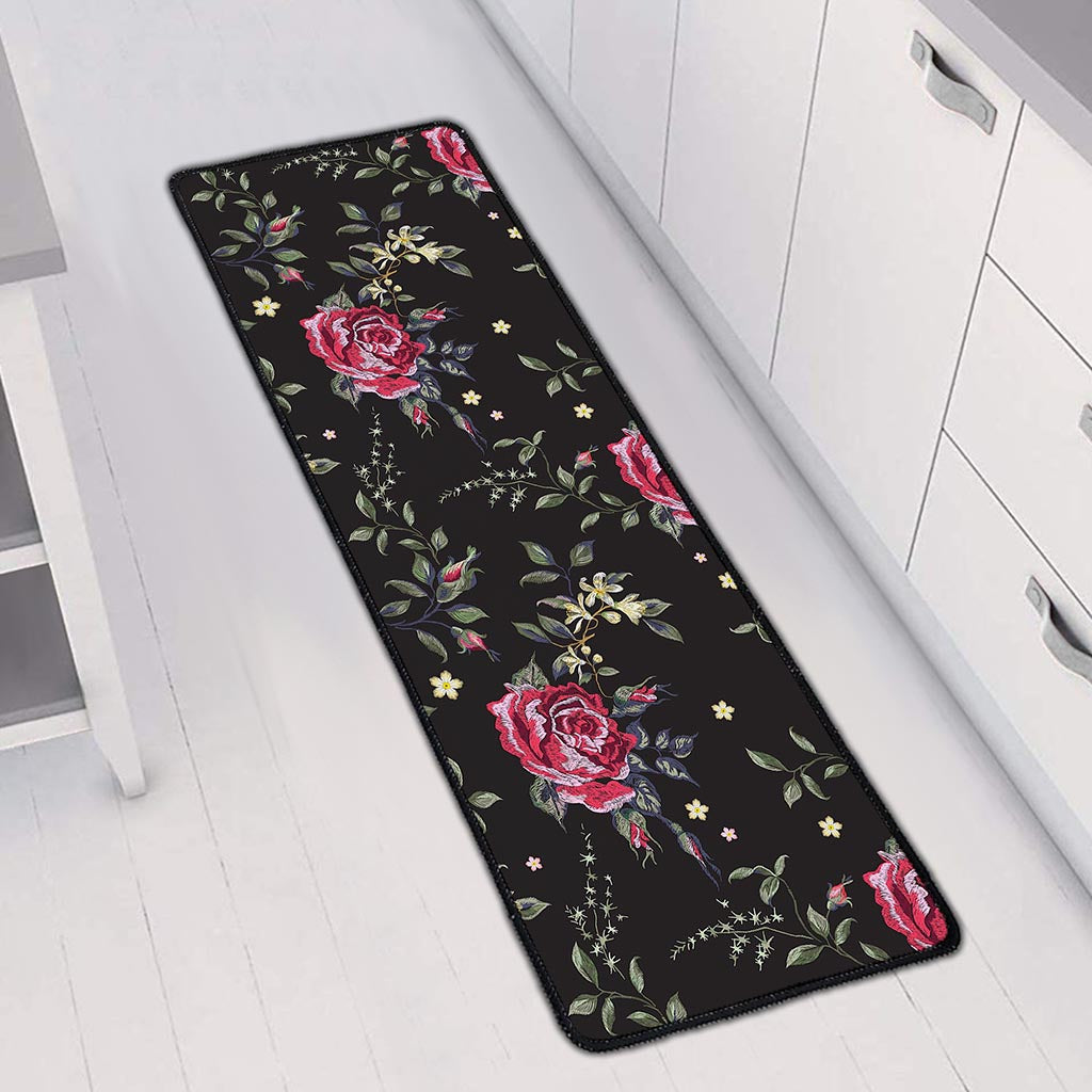 Red Rose Floral Pattern Print Long Kitchen Mat