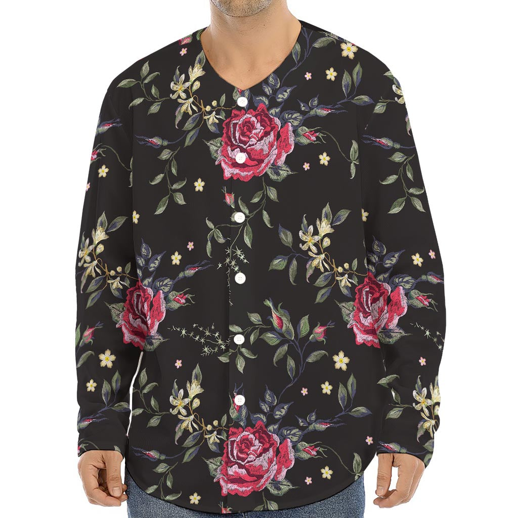 Red Rose Floral Pattern Print Long Sleeve Baseball Jersey