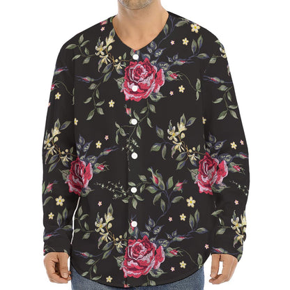 Red Rose Floral Pattern Print Long Sleeve Baseball Jersey