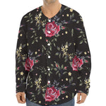 Red Rose Floral Pattern Print Long Sleeve Baseball Jersey