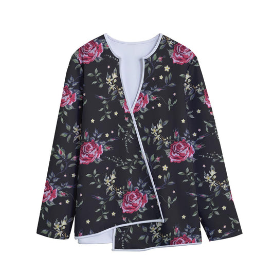 Red Rose Floral Pattern Print Long Sleeve Short Coat