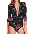 Red Rose Floral Pattern Print Long Sleeve Swimsuit
