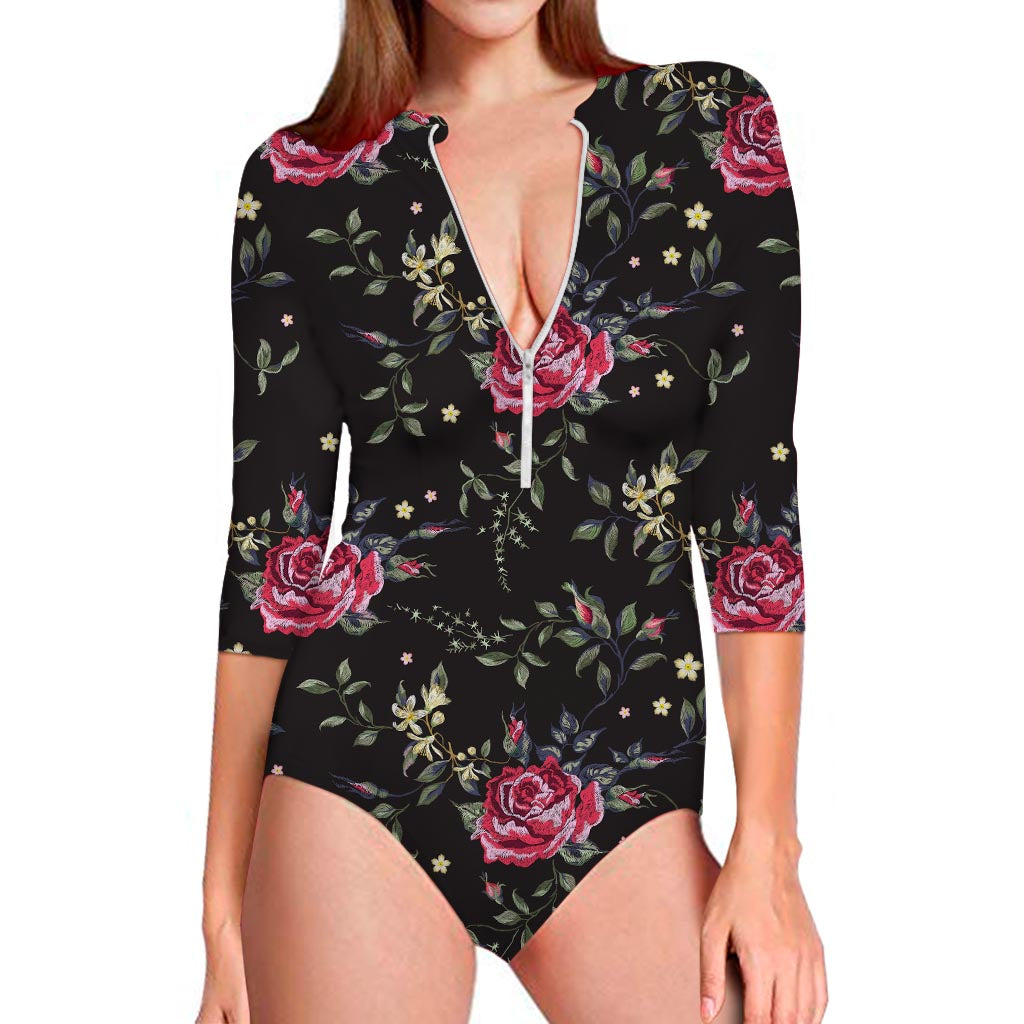 Red Rose Floral Pattern Print Long Sleeve Swimsuit