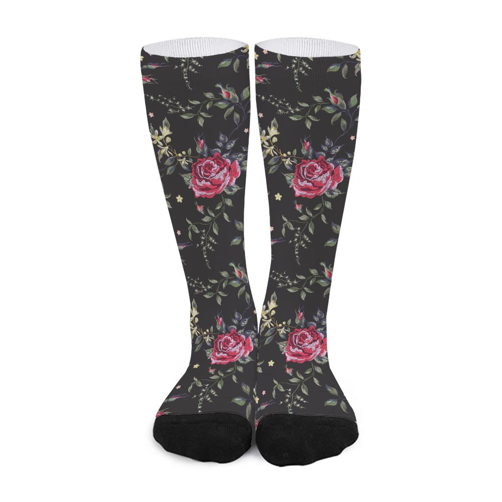 Red Rose Floral Pattern Print Long Socks