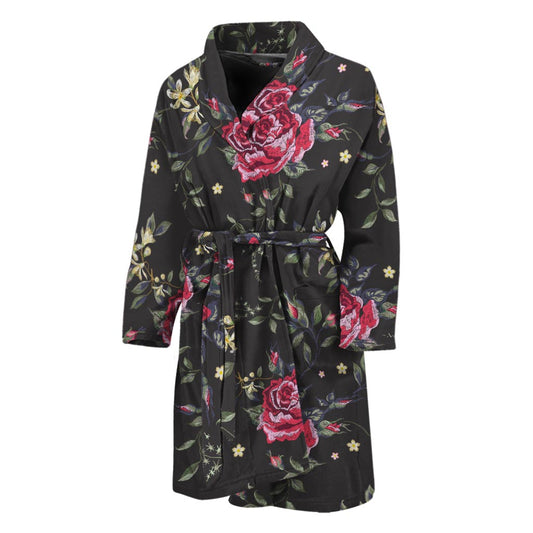 Red Rose Floral Pattern Print Men's Bathrobe