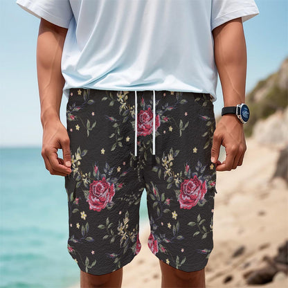 Red Rose Floral Pattern Print Men's Cargo Shorts