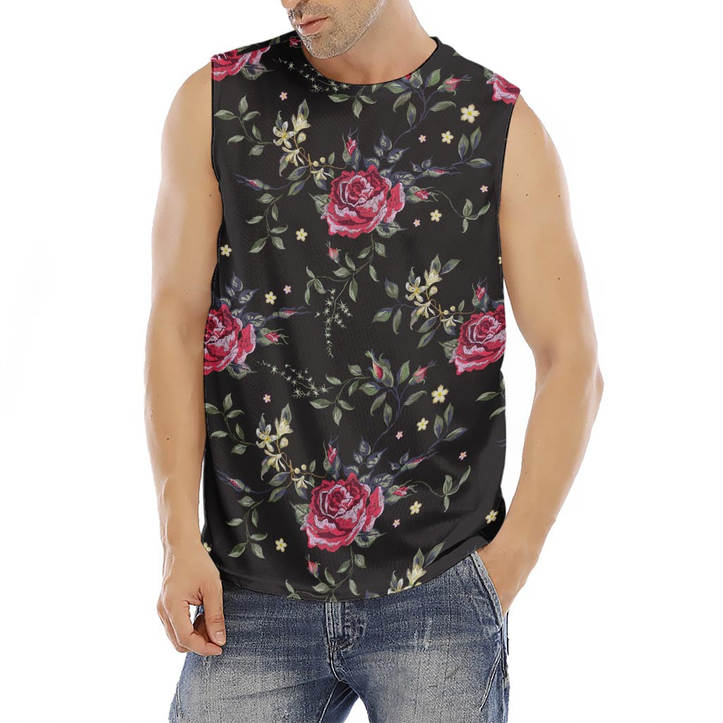 Red Rose Floral Pattern Print Men's Fitness Tank Top