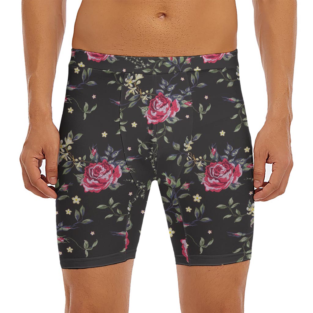 Red Rose Floral Pattern Print Men's Long Boxer Briefs