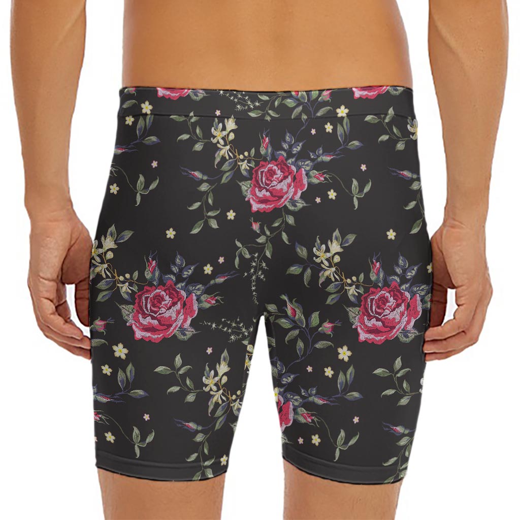 Red Rose Floral Pattern Print Men's Long Boxer Briefs