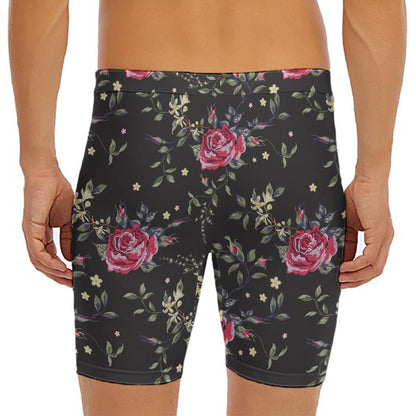 Red Rose Floral Pattern Print Men's Long Boxer Briefs