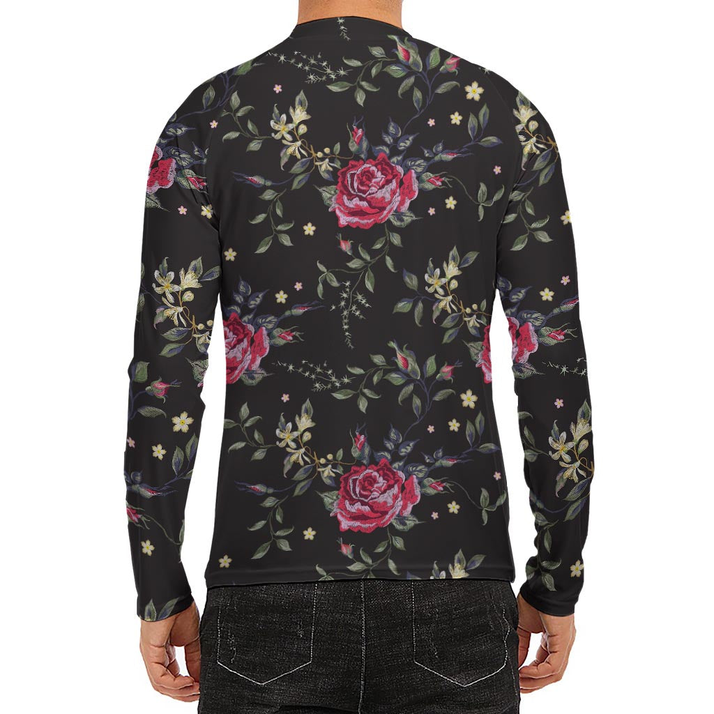 Red Rose Floral Pattern Print Men's Long Sleeve Rash Guard