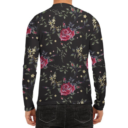 Red Rose Floral Pattern Print Men's Long Sleeve Rash Guard