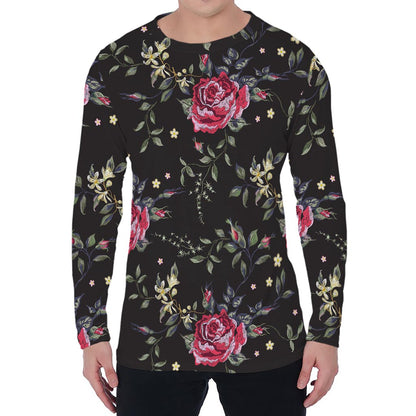 Red Rose Floral Pattern Print Men's Long Sleeve T-Shirt