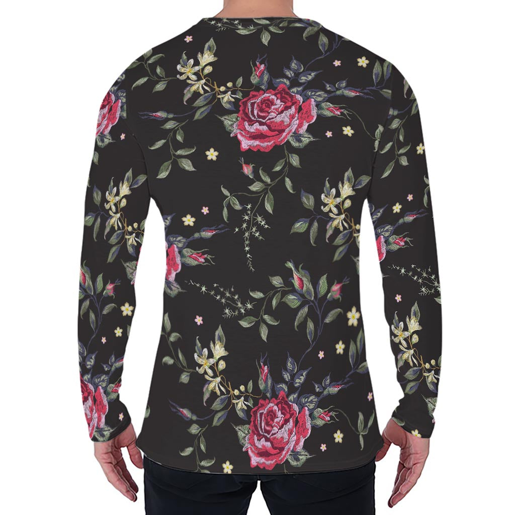 Red Rose Floral Pattern Print Men's Long Sleeve T-Shirt