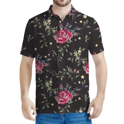 Red Rose Floral Pattern Print Men's Polo Shirt