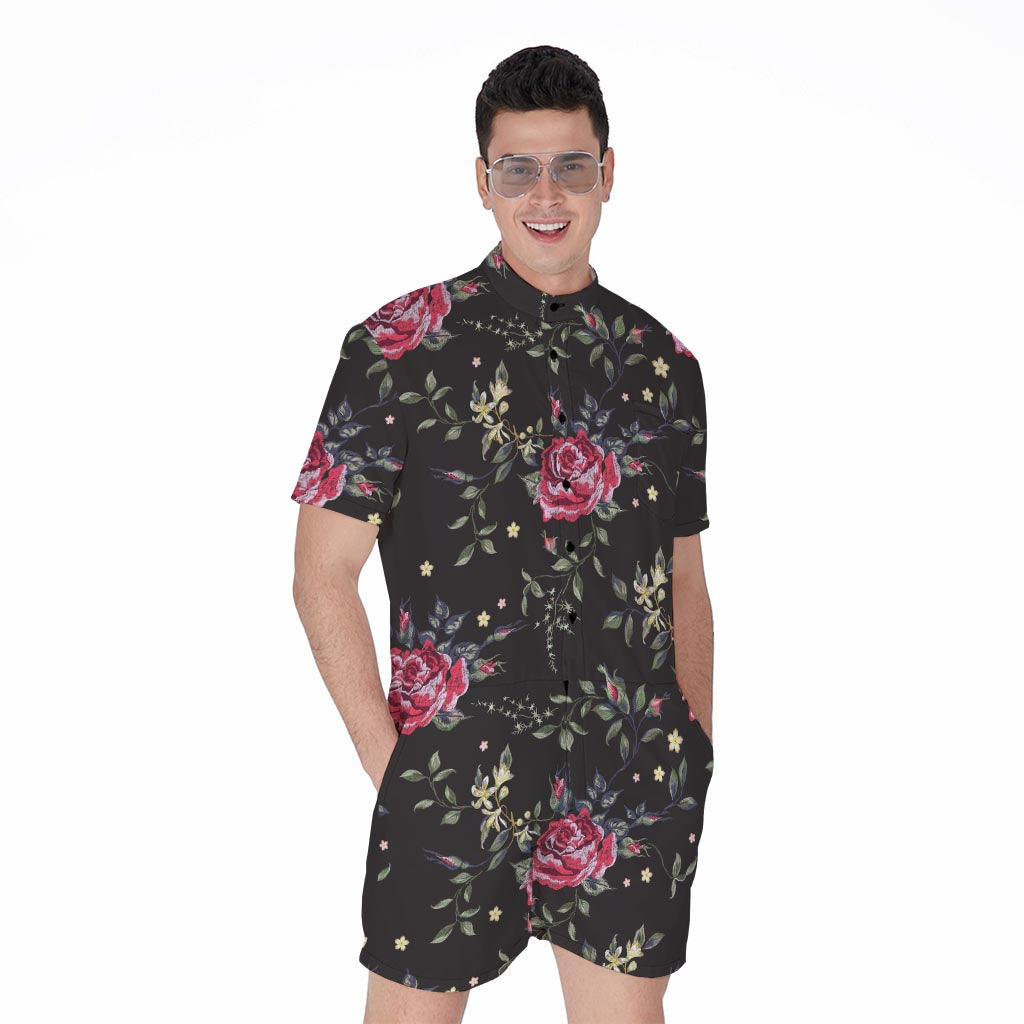 Red Rose Floral Pattern Print Men's Rompers