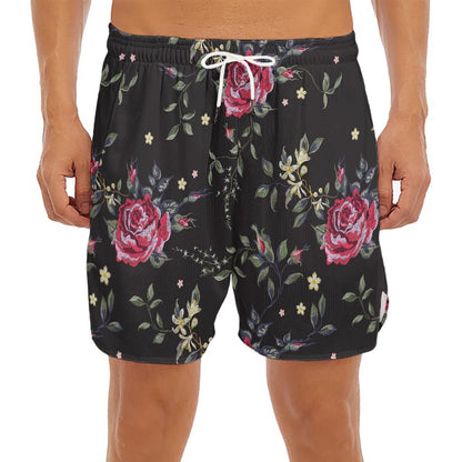 Red Rose Floral Pattern Print Men's Split Running Shorts