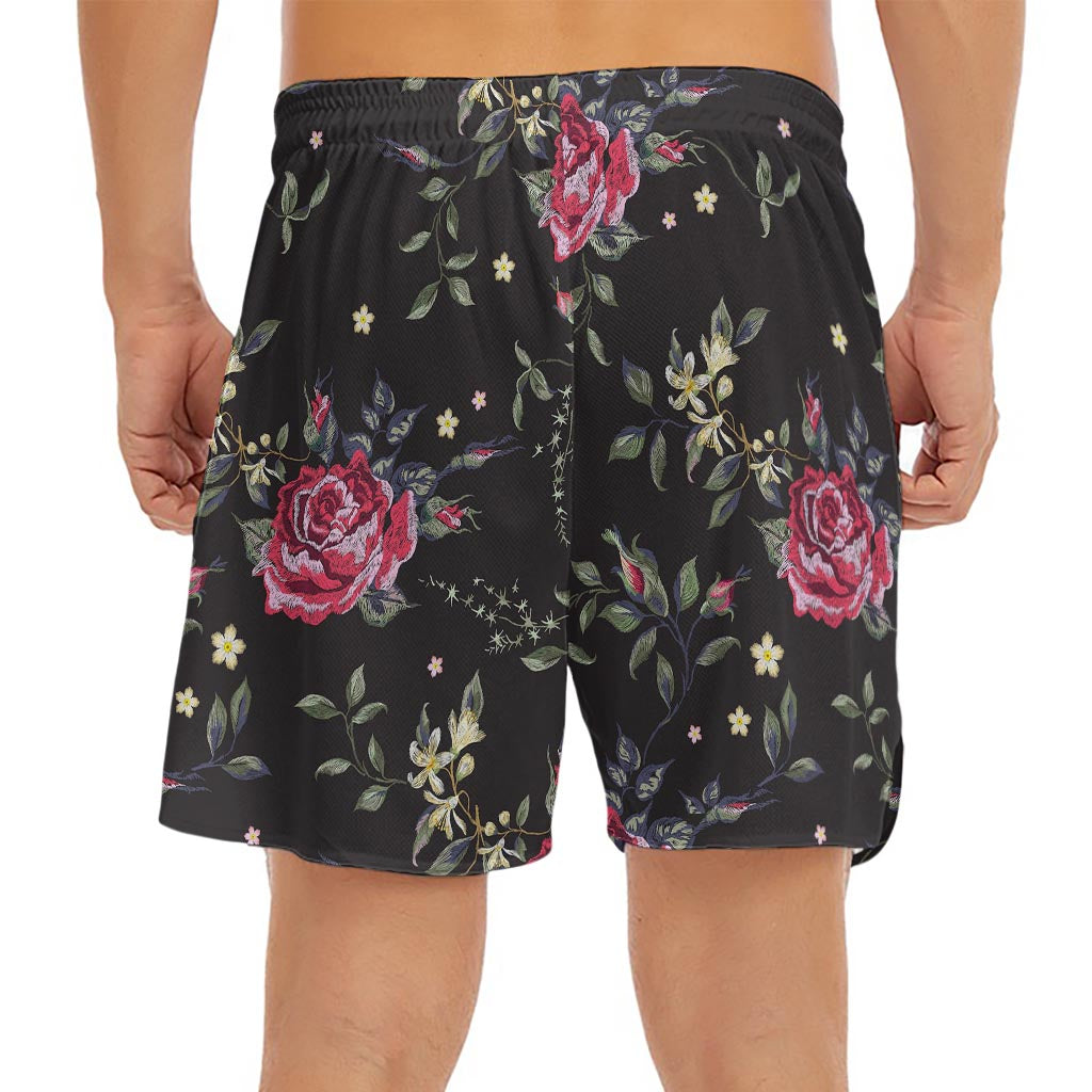 Red Rose Floral Pattern Print Men's Split Running Shorts