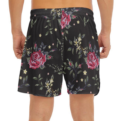 Red Rose Floral Pattern Print Men's Split Running Shorts