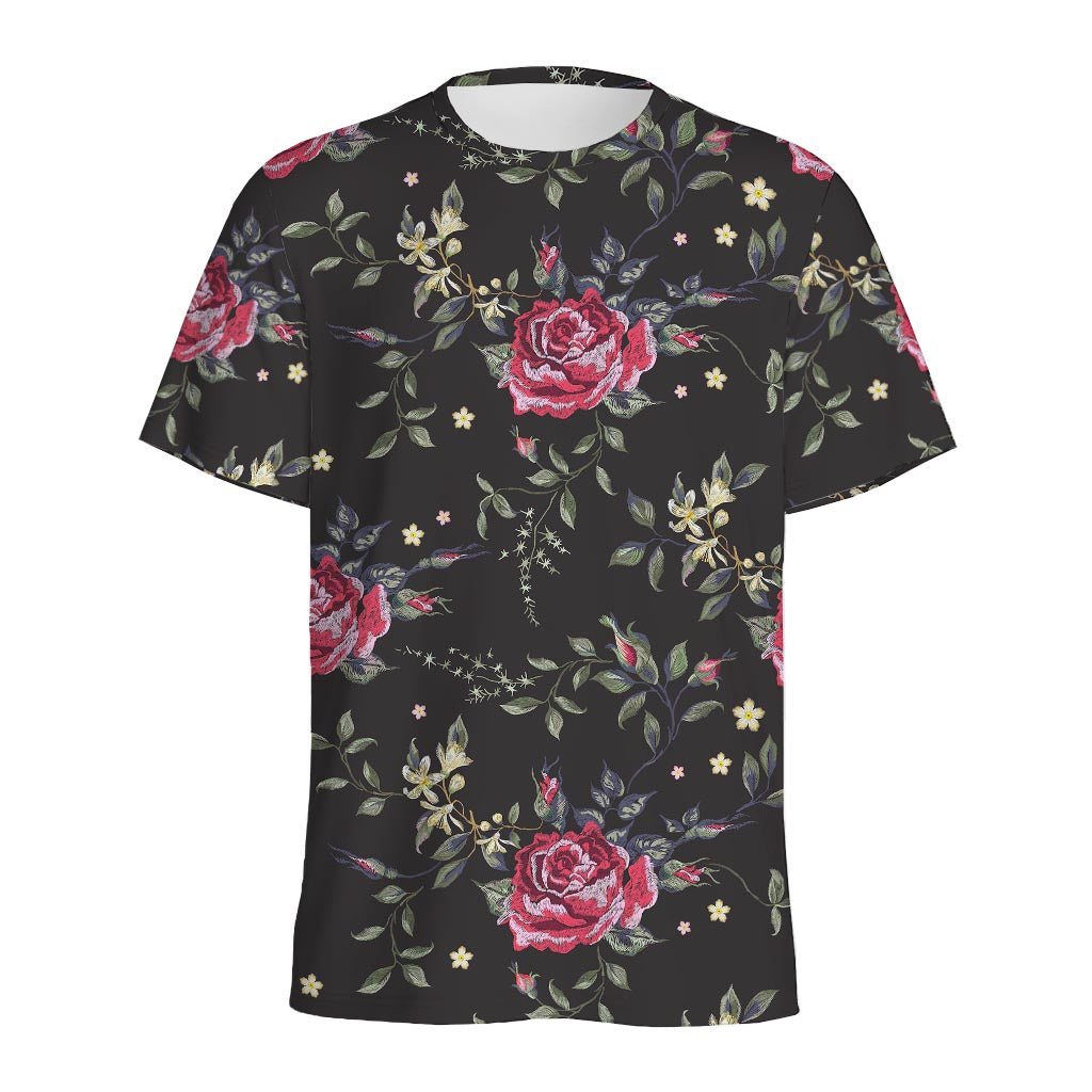 Red Rose Floral Pattern Print Men's Sports T-Shirt