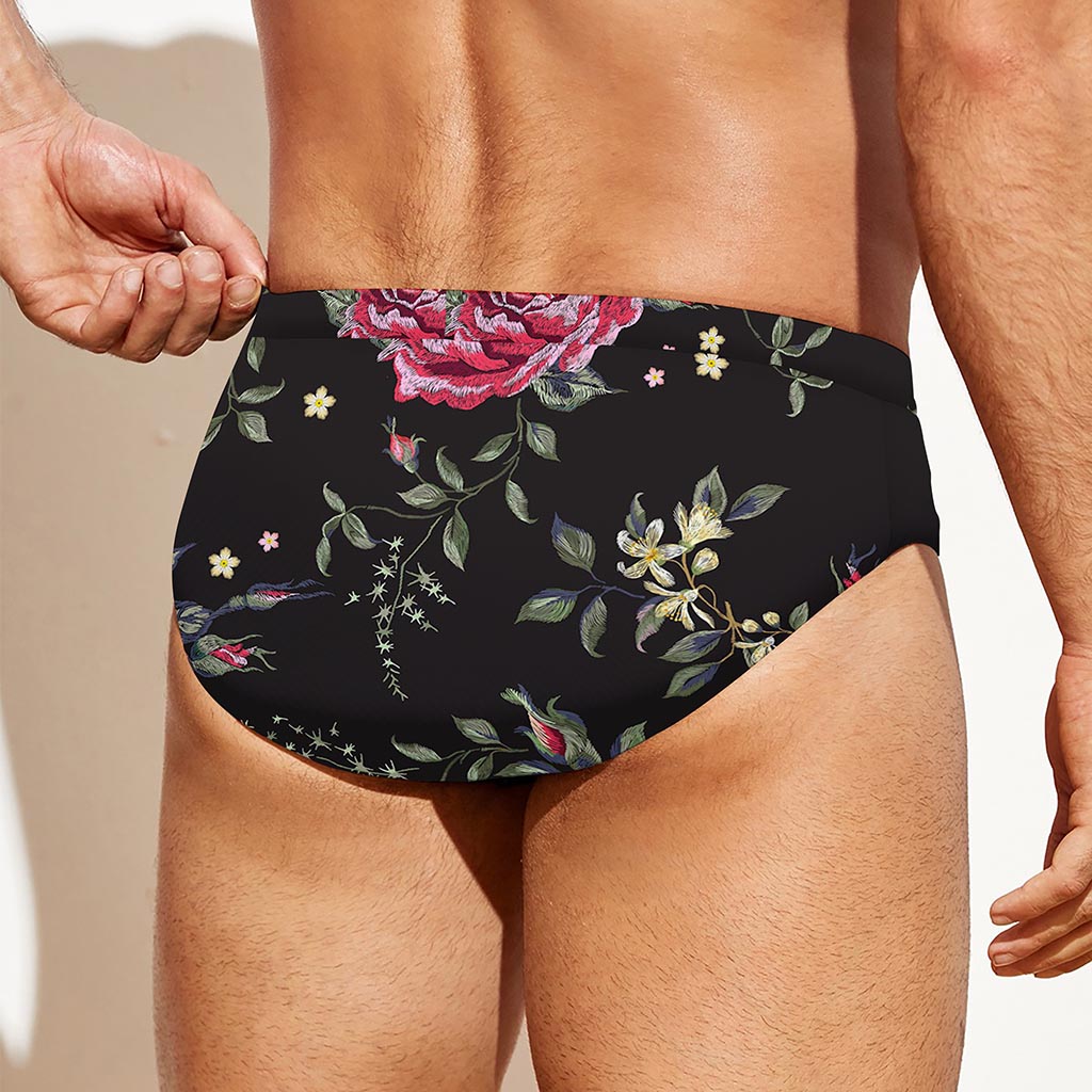 Red Rose Floral Pattern Print Men's Swim Briefs