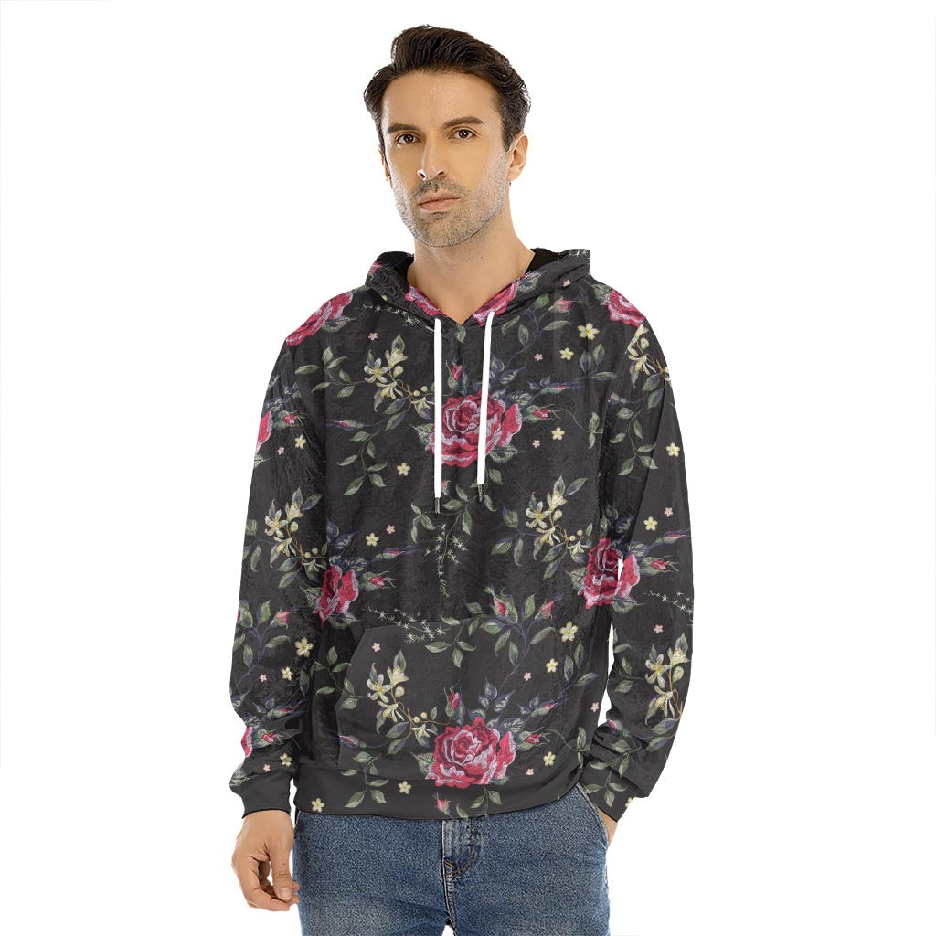 Red Rose Floral Pattern Print Men's Velvet Pullover Hoodie