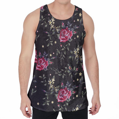 Red Rose Floral Pattern Print Men's Velvet Tank Top